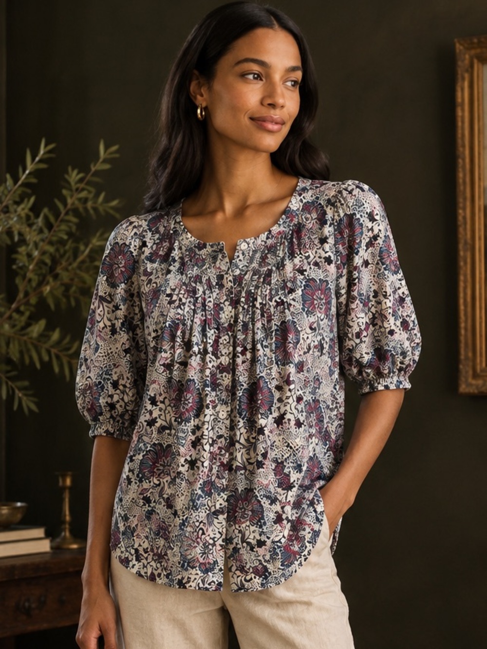 Evereve White Floral Button-Front Short Sleeve Blouse with Pink & Blue